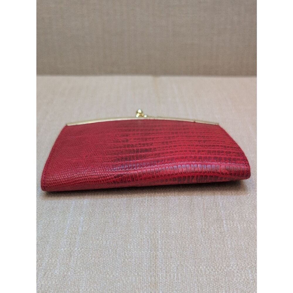 Vera Pelle Red Reptile Textured Leather Kiss Lock Clutch Wallet - Picture 4 of 8